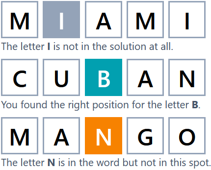 The help menu of word.rodeo showing customized example words with a theme: 'Miami', 'Cuban', and 'Mango'.